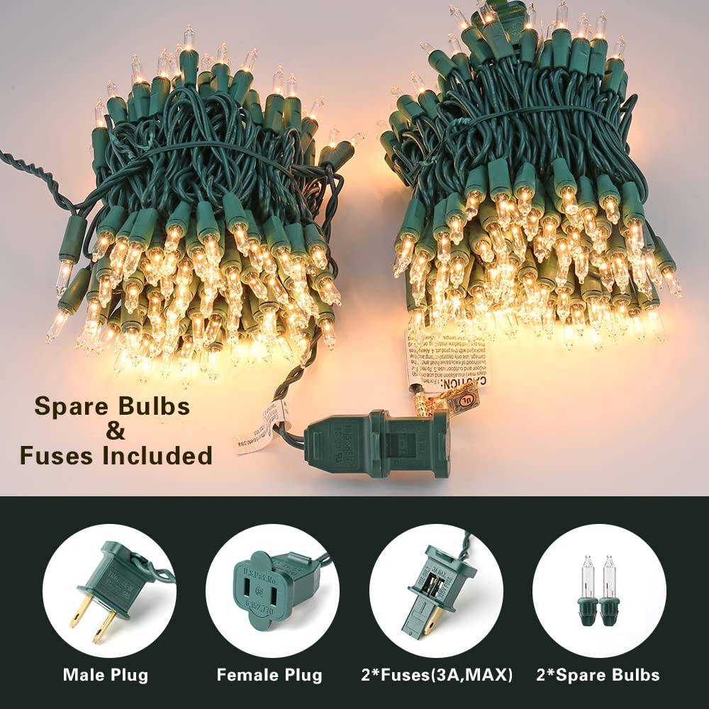 ODEETRONIC Christmas Lights 100 Count Incandescent Mini Lights 21.63ft Green Wire Warm White UL Certified