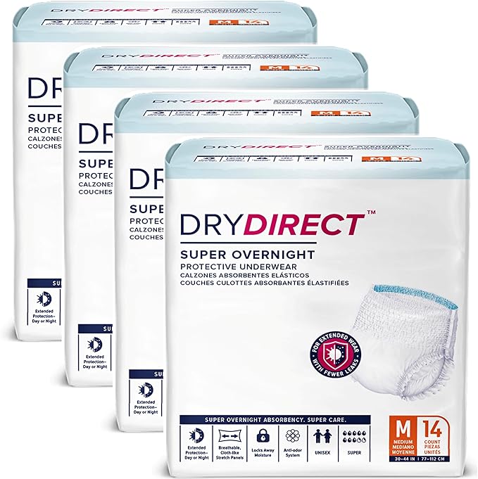 Dry Direct Super Overnight Underwear, Soft Cloth-Like Adult Diapers, Overnight Disposable Incontinence Protection - Medium (Case of 56)