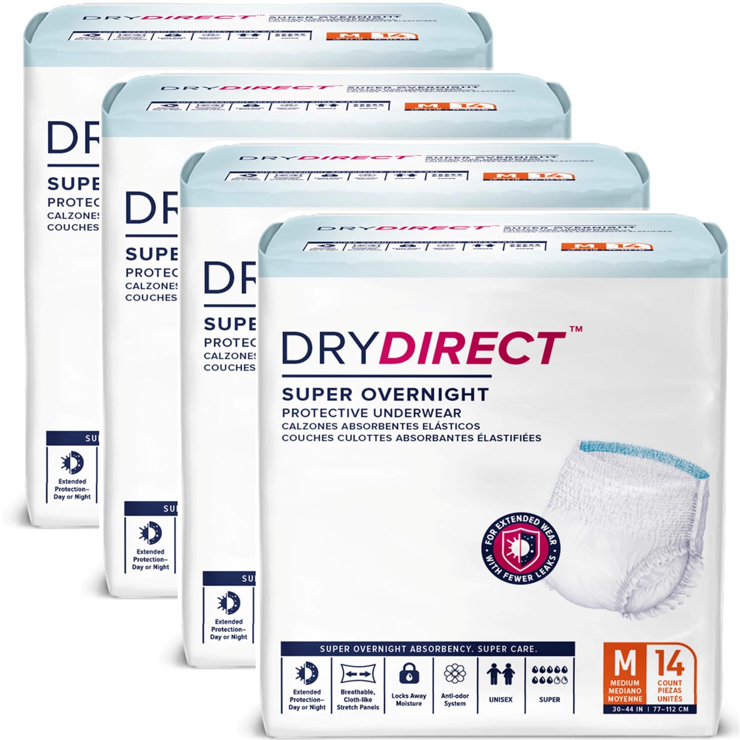 Dry Direct Super Overnight Underwear, Soft Cloth-Like Adult Diapers, Overnight Disposable Incontinence Protection - Medium (Case of 56)