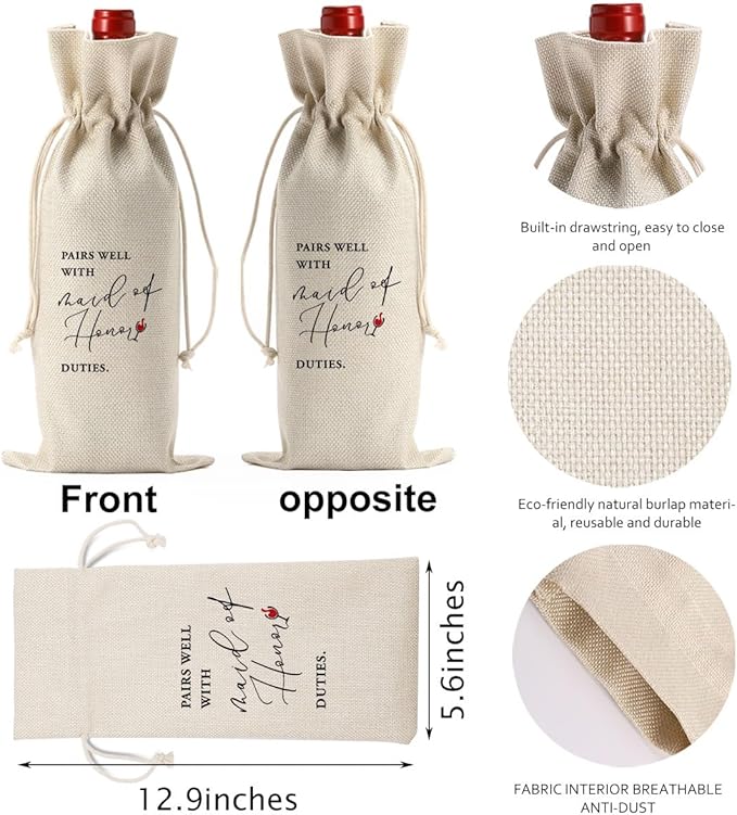 Maid of Honor Wine Bag, Maid of Honor Gifts Wine Bag, Gifts for Bridesmaid Wine Bag, Bridal Shower Gift Ideas Wine Bag for Bridesmaid Maid of Honor, Pairs Well With Maid Of Honor Duties Wine Bag