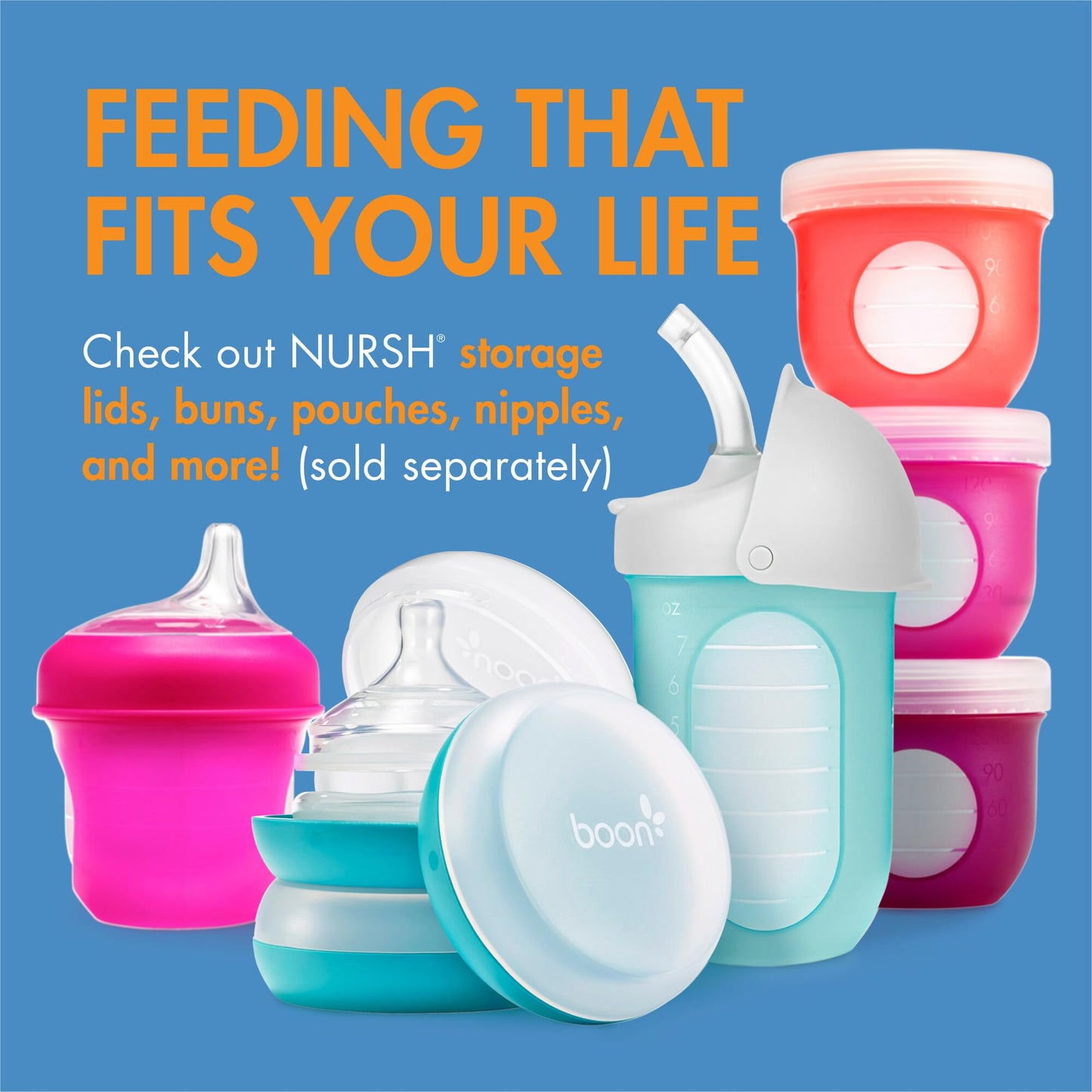 Boon Nursh Reusable Silicone Pouch Baby Bottles - Slow Flow Nipple - Silicone Baby Bottle Pouch and Nipple - Baby Feeding Essentials - Color Block - 0-3 Months - 3 Count - 4 Ounce