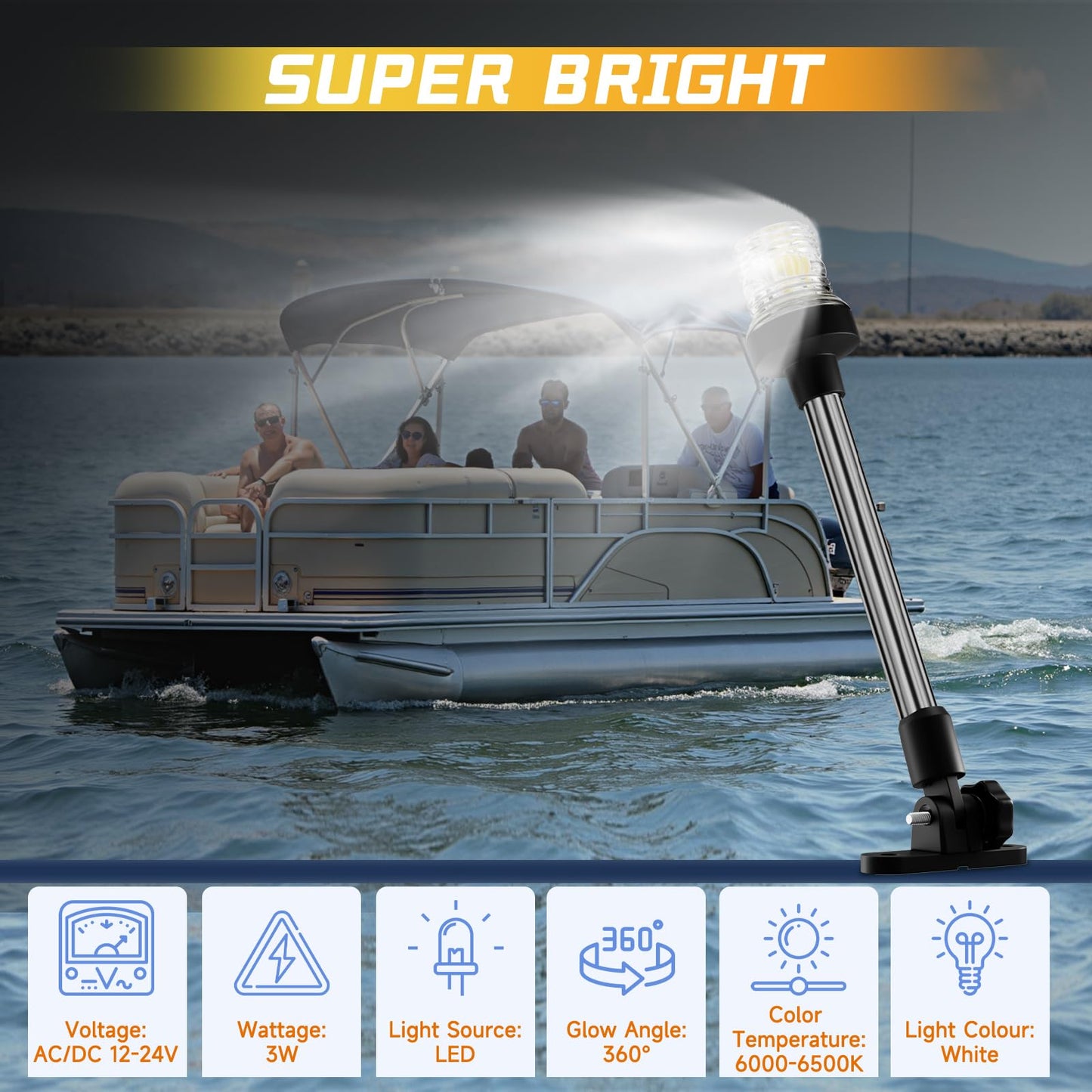 Ambipasion 9 Inches Bimini Light For Pontoon Boat  Pontoon Navigation Lights Anchor Light Stern Lights For Bimini Top Mount Waterproof Ip67  White Fold Down Led Marine Boat Rear Running Lighting