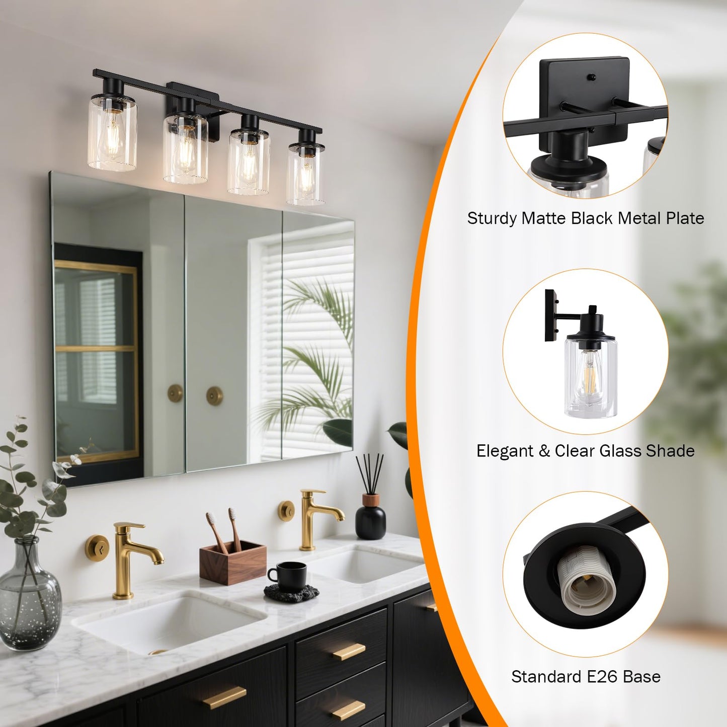 Litaddscen Matte Black Bathroom Light Fixtures Over Mirror 4-Light Bathroom Vanity Light With Clear Glass Shade Modern Farmhouse Wall Sconces Lighting For Mirror Kitchen Living Room Cabinet
