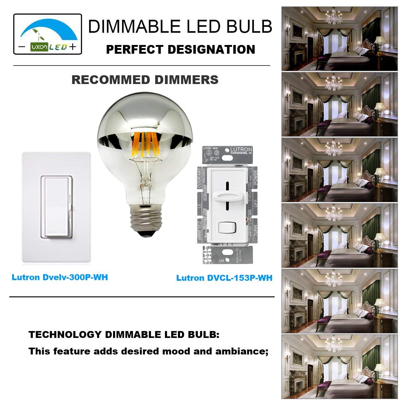 LUXON LED Edison Bulbs, Dimmable Half Chrome, 6W (60W Equivalent), G80 Globe, E26 Base, Warm White 2700K, Pack of 2