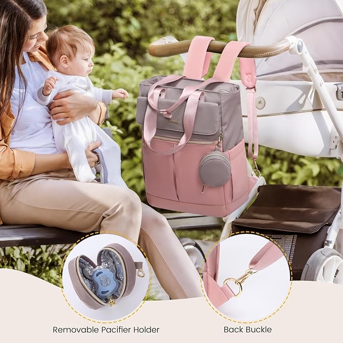 LOVEVOOK Diaper Bag Backpack,Diaper Bag Tote with Insulated Pockets,Baby Bag for Girl Boy with Changing Pad,Large Baby Diaper Bag with Pacifier Case,Anti-Theft Travel Backpack for Women,Pink-Gray