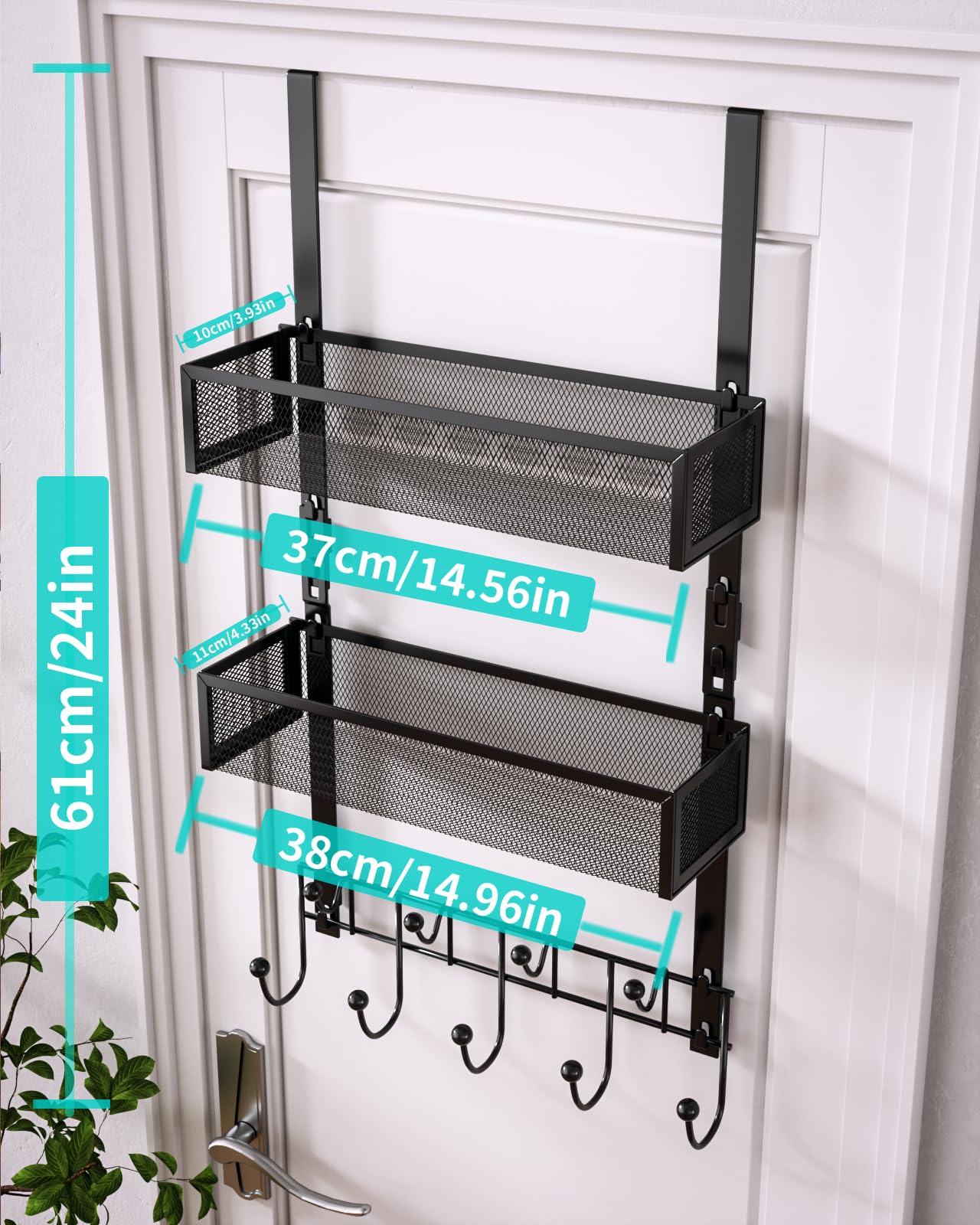 HapiRm Over The Door Hanger with Coat Hooks and 2 Baskets, Rustproof & Waterproof Over The Door Hooks, Storage Organizer for Hats, Bathroom, Kitchen, Bedroom-Black (for 1.76in Doors)
