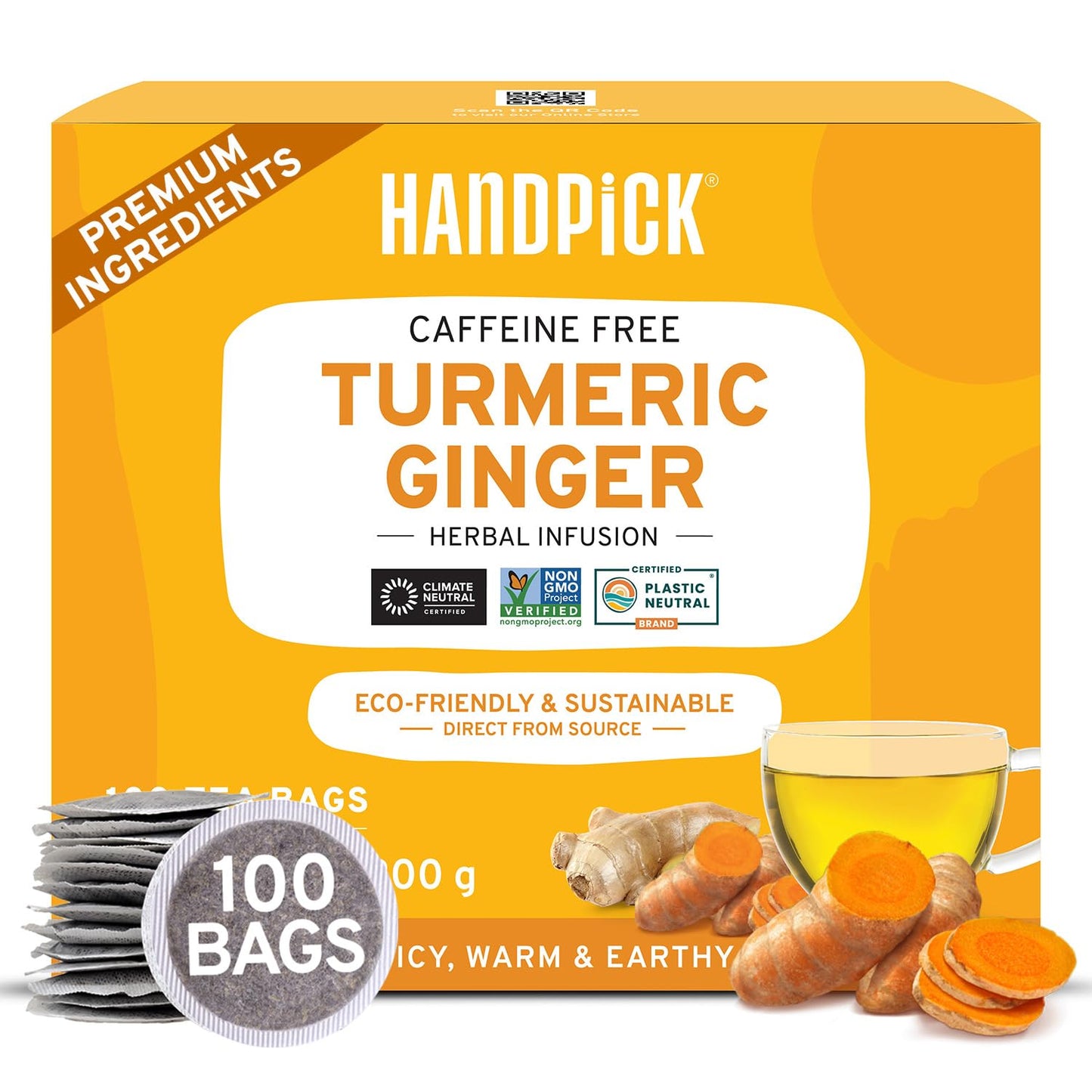 HANDPICK  Turmeric Ginger Tea  100 Eco-Conscious Tea Bags | Caffeine Free  Gluten Free | 100% Pure Herbal Blend - Savory & Spicy