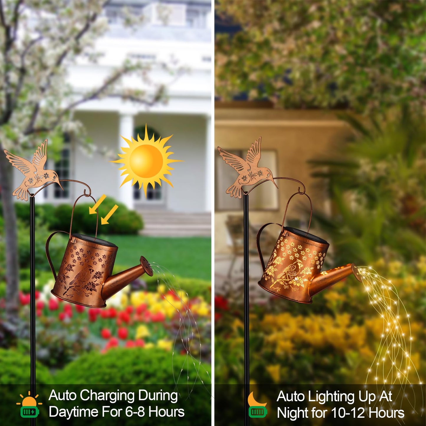 Outdoor Hanging Solar Lantern Waterproof Set Outside Metal Openwork Cardinal Watering Can Landscape Lights For Garden Yard Patio Pathway Decor Birthday Gifts For Women Mom Grandma -With Floor Pole