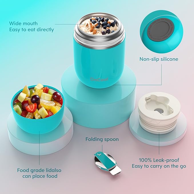DaCool 2 Pack Food Thermo for Hot Food 16 OZ Insulated Food Jar Kids Adult Vacuum Stainless Steel Lunch Thermo Insulated Lunch Container for School Office Picnic Travel Outdoors,Black+Cyan Blue