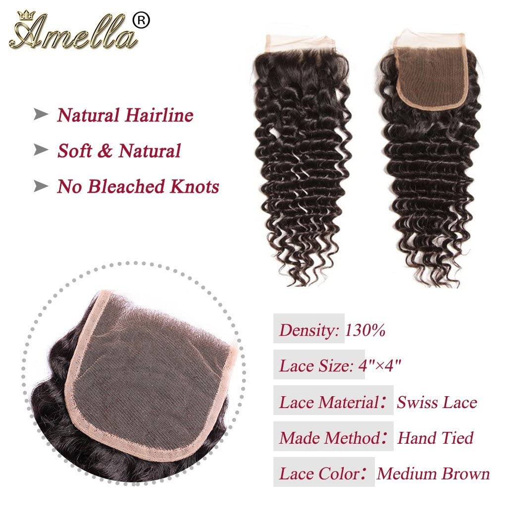 Amella Hair Deep Wave Bundles With Closure Brazilian Virgin Hair Deep Curly 3 Bundles With Lace Closure Free Part 100% Unprocess