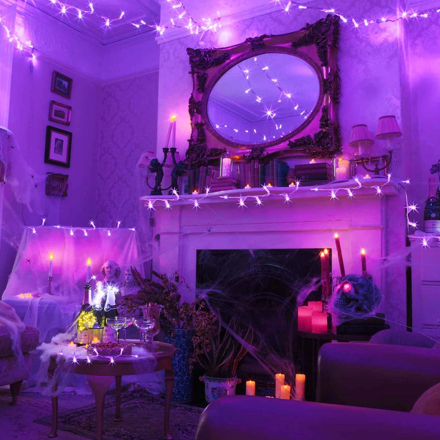 JMEXSUSS Purple String Lights, 91.5ft, 250 LED, Waterproof, Plug-in, 8 Modes, Clear Wire, Model EXS-S-0250