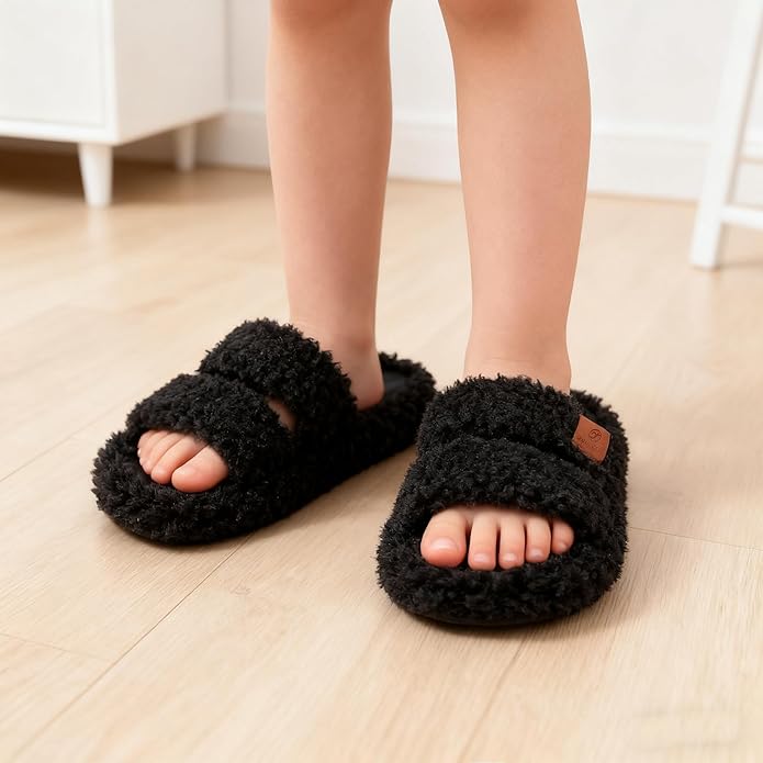 Youecci Girls Fuzzy Slippers-Soft Open Toe Slippers with Memory Foam & Arch Support, Dual-Strap Warm Comfy Home Slides Indoor House Shoes