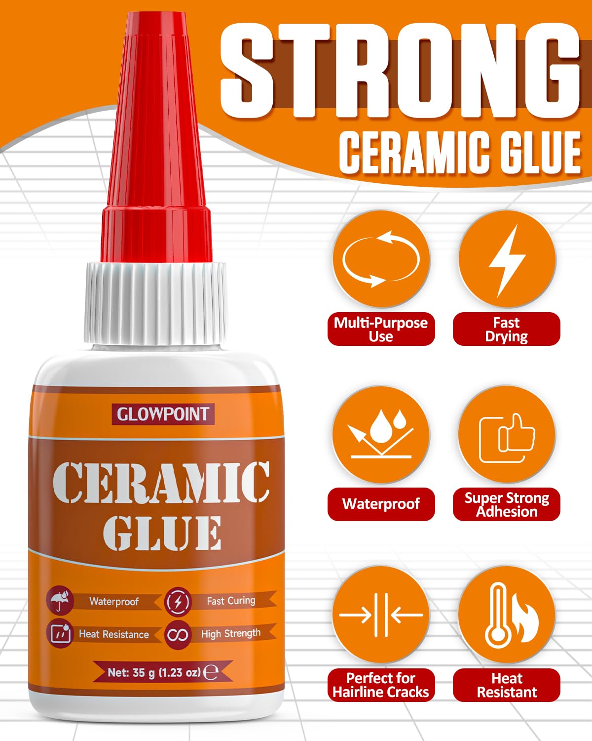 GLOWPOINT Ceramic Glue, 35g Ultra Strong Super Glue for Ceramic, Porcelain, Pottery & China Repair – Waterproof, Heat-Resistant, Safe Adhesive for Mugs, Dishes, Tiles & Crafts