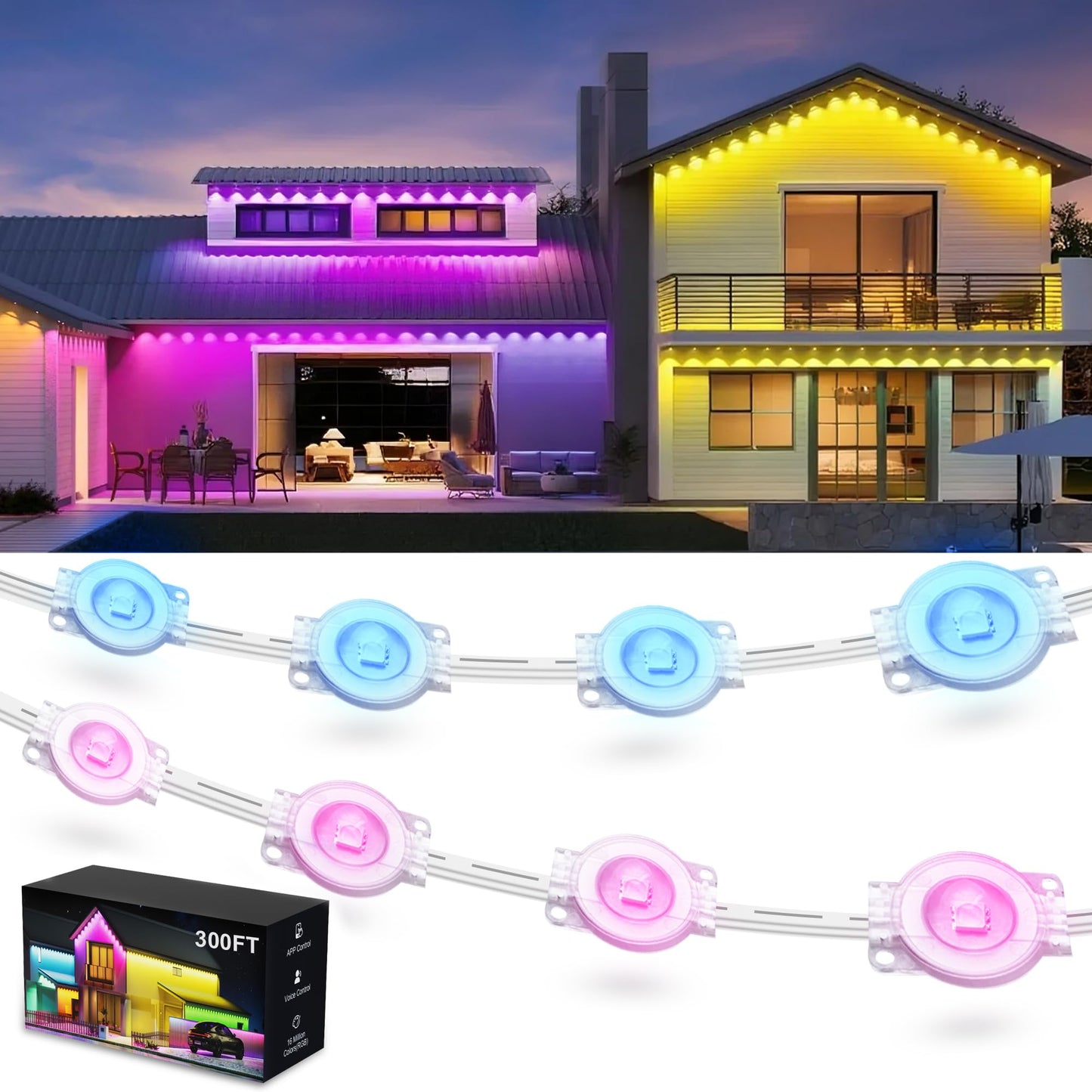 Fussion 300ft Smart RGB LED Outdoor Lights, IP67 Waterproof, Remote Control, Model LX20250312-90M, White