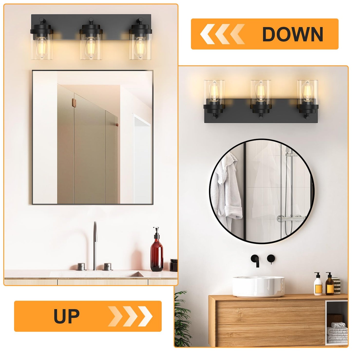 Izorro Bathroom Vanity Light Fixture  3-Light 22 Inch Matte Black Bathroom Light Fixtures Over Mirror  With Clear Glass Shade  Modern Farmhouse Vanity Lights  Rustic Restroom Lighting Fixtures