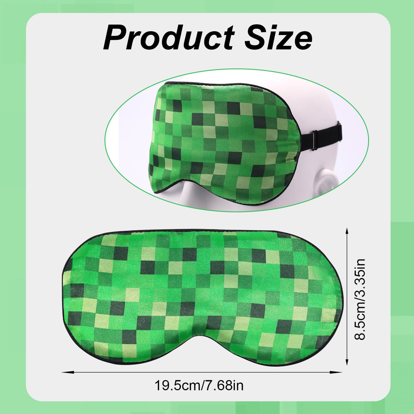 Pixel Themed Sleep Mask, Blackout Green Video Game Theme Eye Mask for Sleeping with Adjustable Elastic Strap Soft & Breathable Eye Cover for Boys Kids Men Home Office Travel Party Accessories