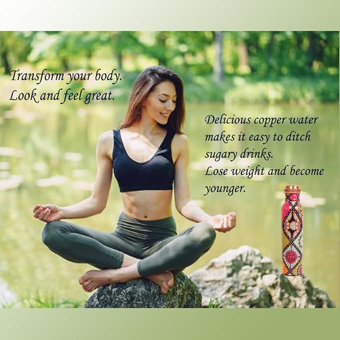 Pure Copper Water Bottle - Handcrafted - Ayurveda health benefits - Large 35 oz - Leak proof - Easy to carry for Sports, Fitness, Yoga, School - Artistic Petals Multicolor Enamel