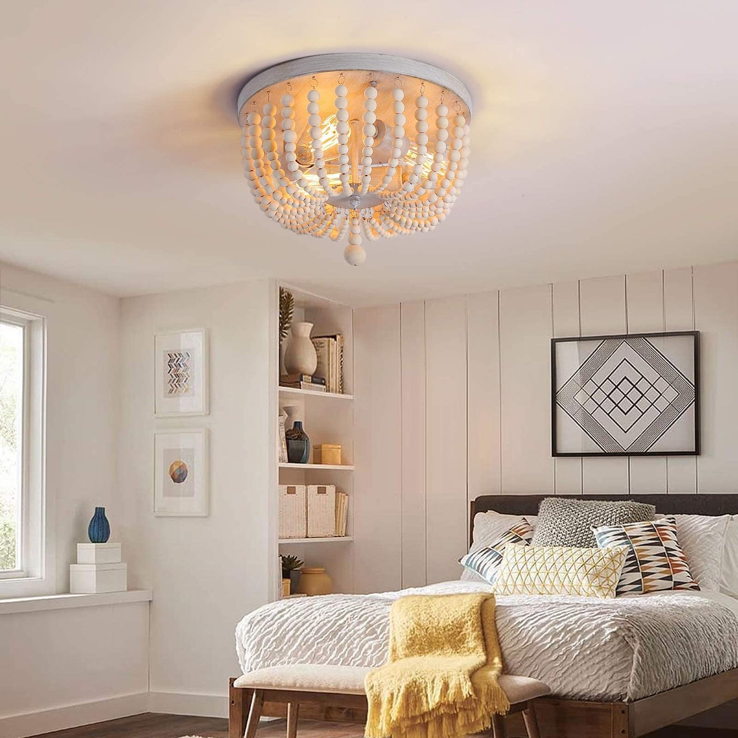Q&S Wood Beaded Chandelier - Boho Farmhouse Light Fixture, 3 Lights, Oak White, Semi Flush Mount For Hallway, Nursery, Bedroom, Living Room