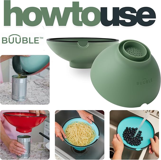 Ultimate Grease Drainer & Food Strainer (SAGE) Premium Heat-Resistant Colander for Bacon, Ground Beef, Pasta & Veggies; Fits Pans, Cans & Jars; Dishwasher Safe