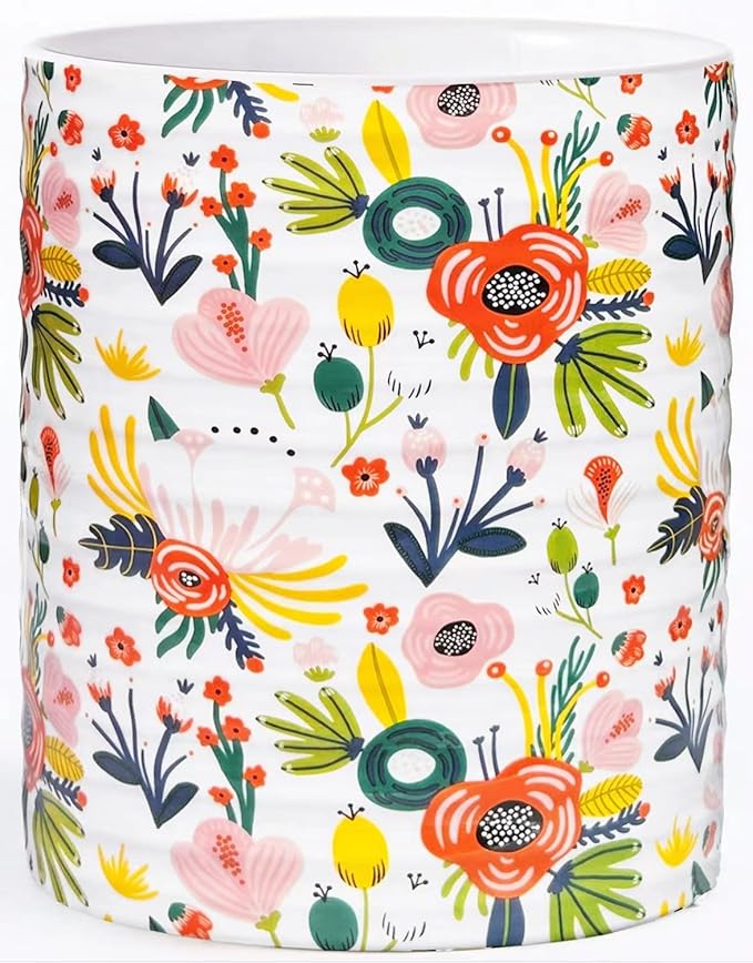 Kitchen Utensil Holder,7.2″Extra Large Stable Garden Floral Pattern Ceramic Utensil Crock,Flower Utensil Organizer for Countertop,Kitchen Decor,Utensil Holder for Housewarming,Wedding Gift