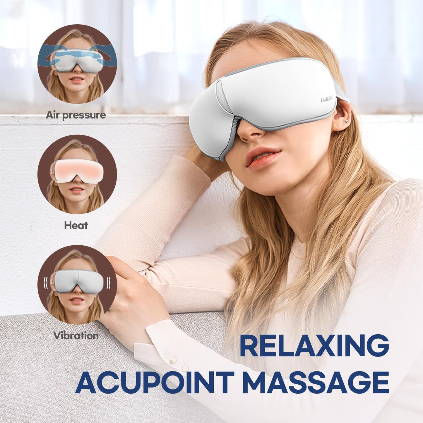 HubiCare Eye Massager with Heat, Vibration, and Music Helps Relieve Strain, Dark Circles, Dryness, and for Migraine Relief Relaxation and Better Sleep Valentines Day Gifts for Women/Men (White)