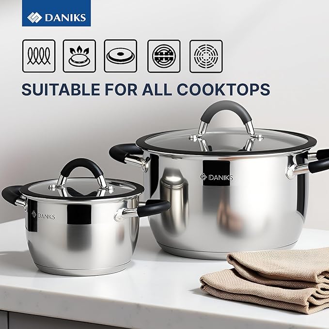 Daniks Orlando 10-Piece Stainless Steel Induction Cookware Set – Dishwasher Safe Saucepan, Pots with Heatproof Handles, Glass Lids, Measuring Scale, Silver