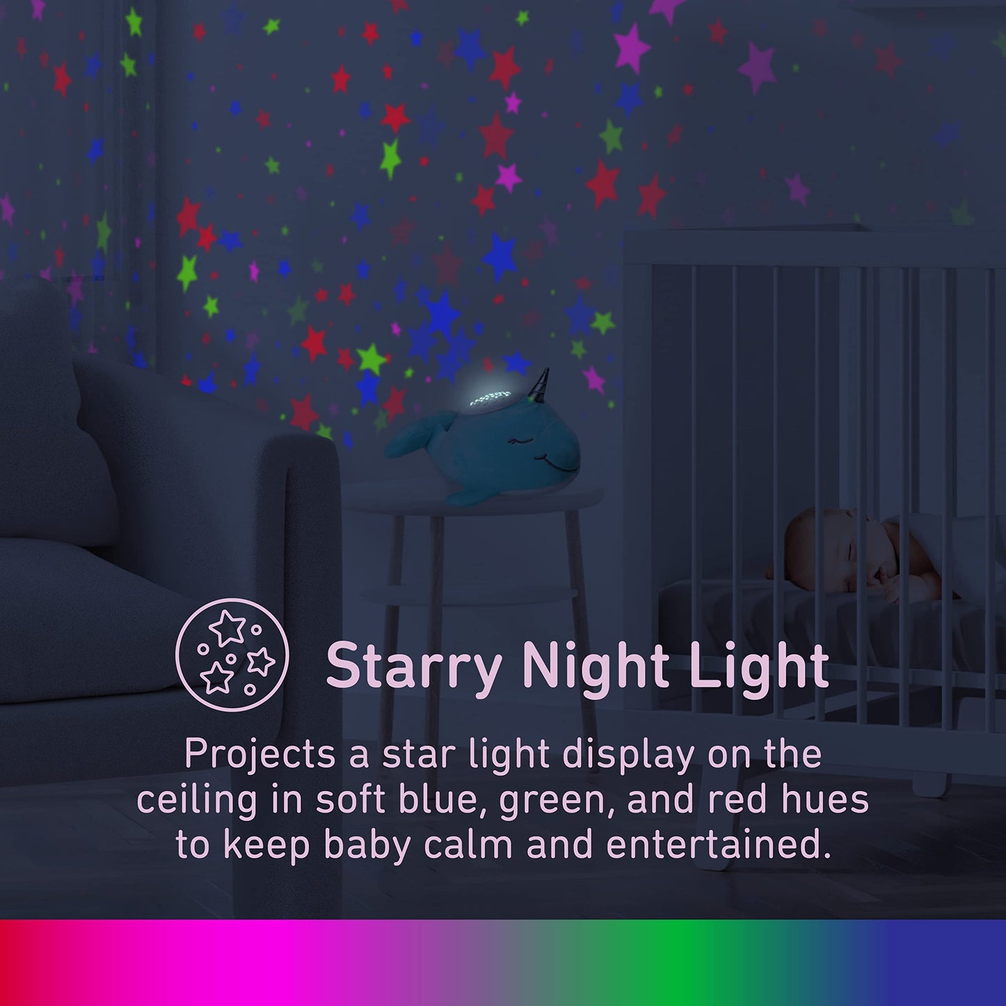 PureBaby Sound Sleepers Portable Sound Machine & Star Projector - Plush Sleep Aid for Baby and Toddlers with Soothing Night Light Display, 10 Lullabies, White Noise, and Heartbeat Sounds (Narwhal)