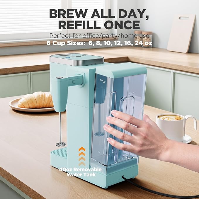 Single Serve Coffee Maker with Built-in Detachable Milk Frother, Iced and Hot Coffee Machine for K Cup & Grounds, 40oz Removable Water Reservoir, 6 Cup Sizes, Fits 7.3" Travel Mug, Teal