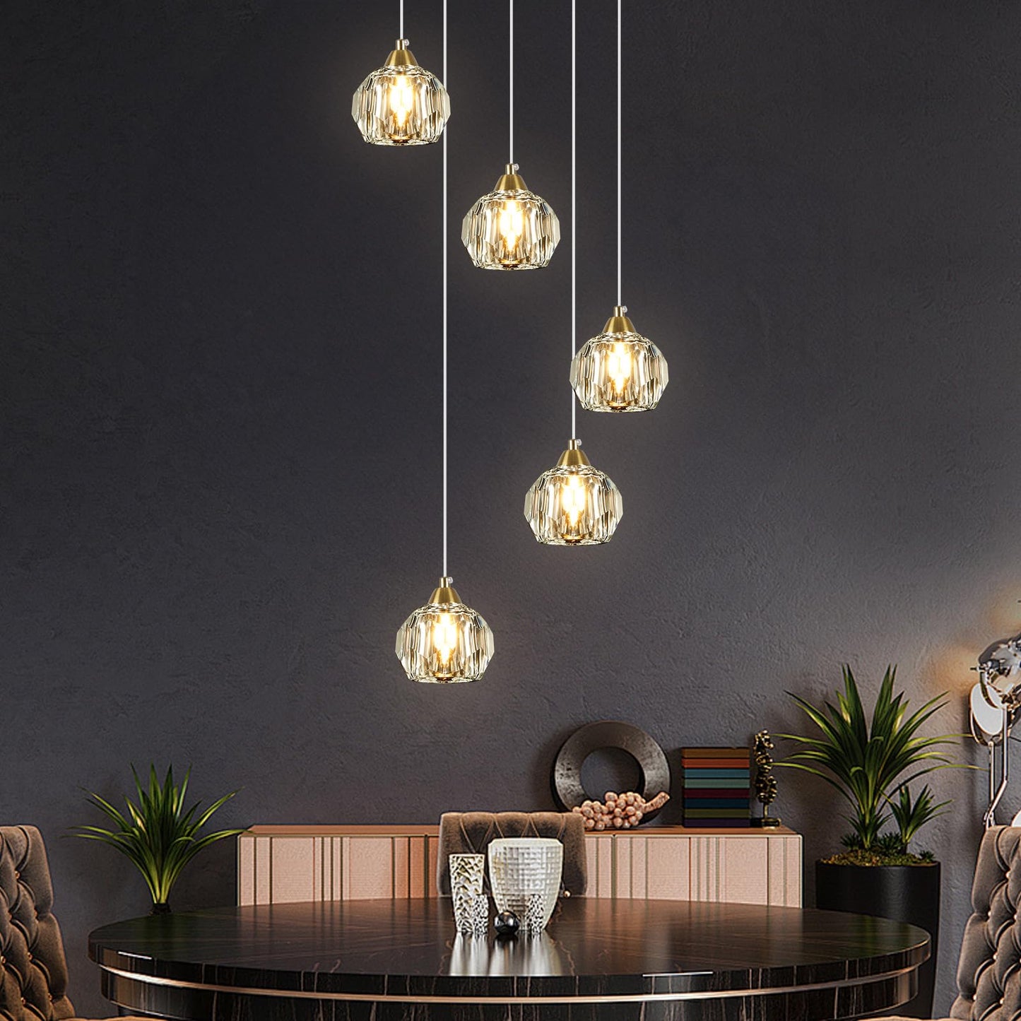 Weesalife 5-Light Crystal Chandelier, Gold Brass Pendant Light Fixture, Model A8817 for Dining Room, Kitchen, Living Room