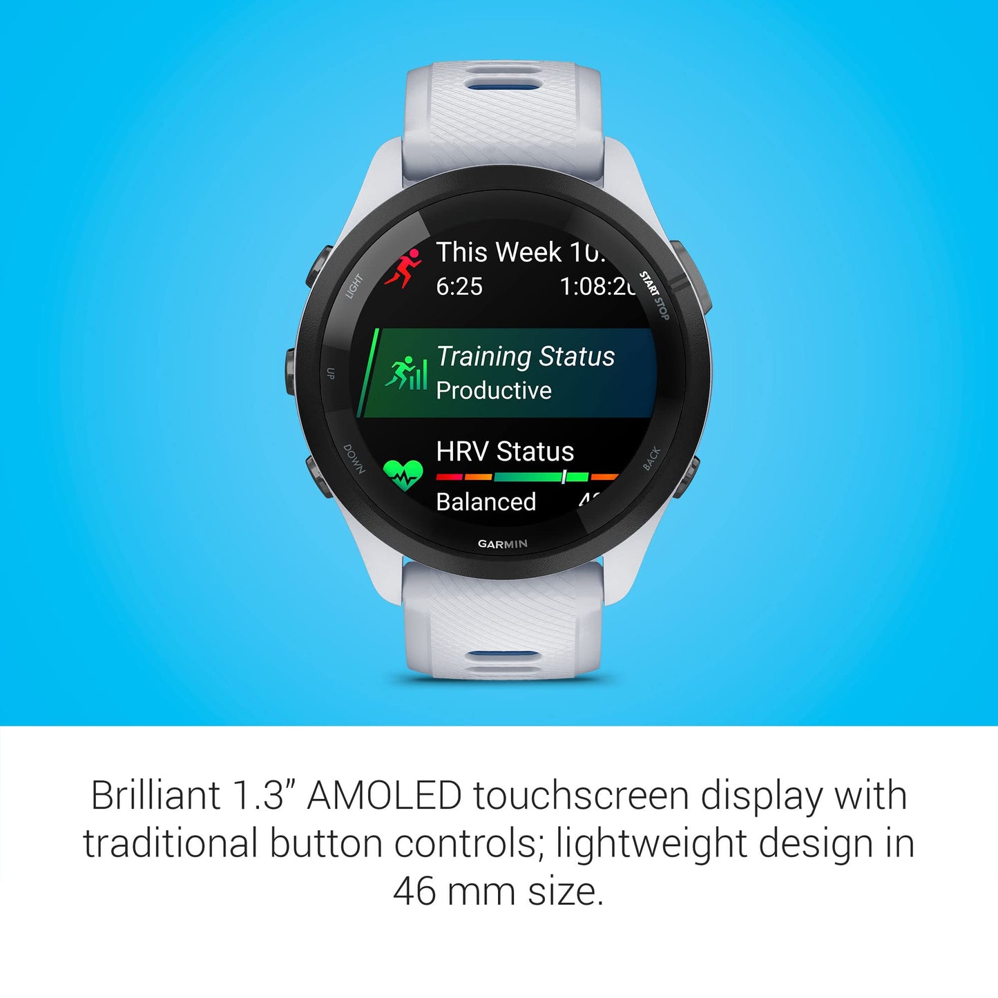 Garmin Forerunner 265 Running Smartwatch, Colorful AMOLED Display, Training Metrics and Recovery Insights, Whitestone and Tidal Blue (Renewed)