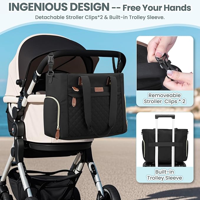 Diaper Bag Tote for Working Mom, Large Travel Diaper Tote for Mom and Dad with 14 Inch Laptop Sleeve, Mommy Maternity Travel Baby Bag for Boys and Girls, Black