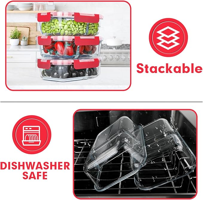 VERONES 10 Pack Glass Meal Prep Containers 2 Compartment Set, 30 OZ Airtight Glass Lunch Containers, Food Storage Containers with Lids, for Microwave, Oven, Freezer & Dishwasher Friendly，Red