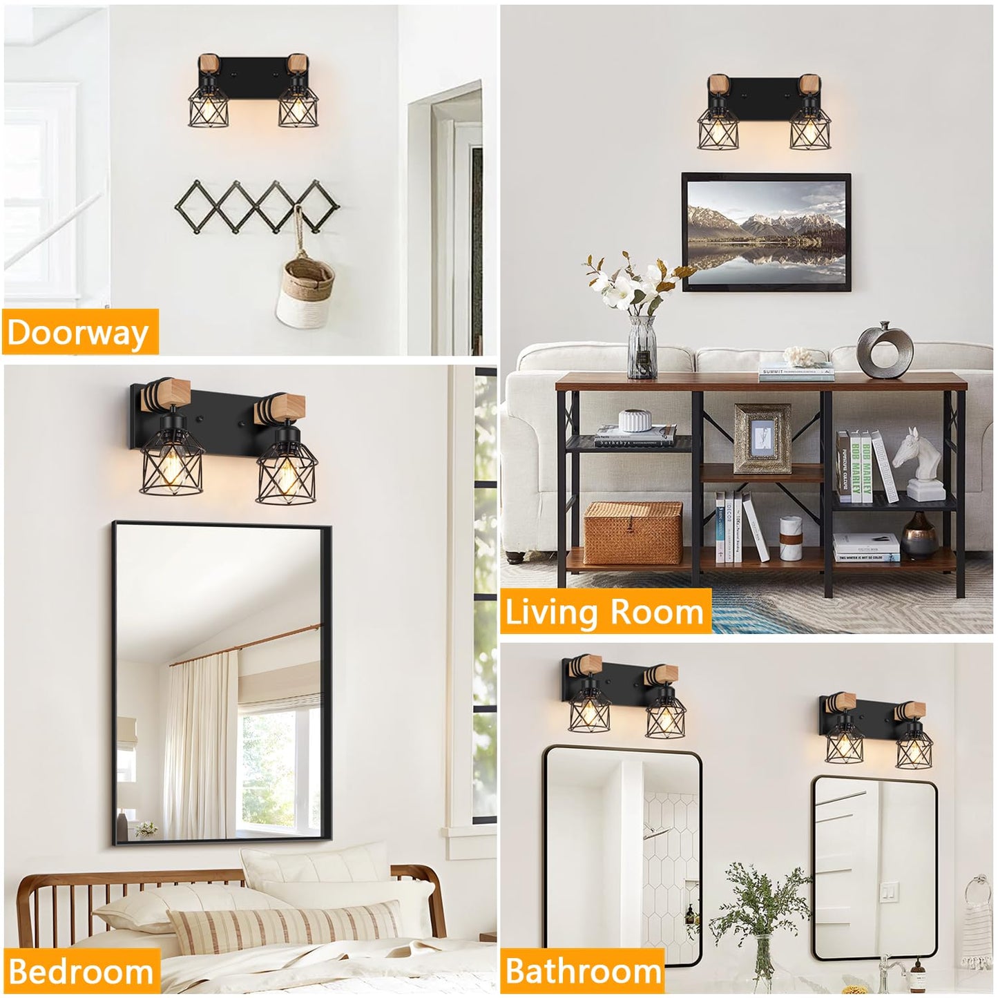 Fadimikoo 2-Light Farmhouse Bathroom Vanity Light Fixtures  Wood Bathroom Lighting Over Mirror  Black Rustic Sconces Wall Lighting With Metal Lampshade For Living Room  Bedroom  Hallway