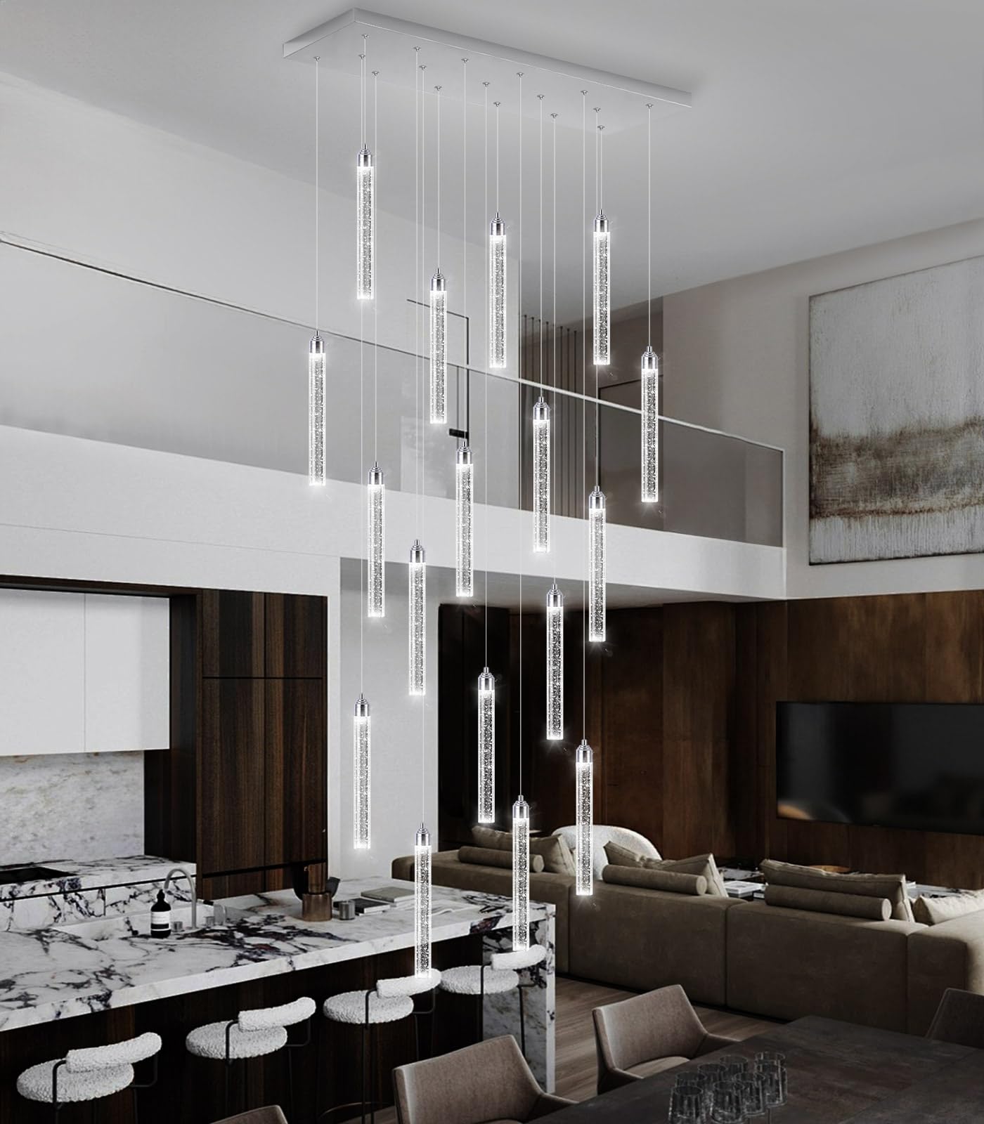 Rectangular Chandeliers 17-Lights Long Light For Entryway Led Dimmable Chandeliers Lighting Fixture Flat Sloped High Ceiling Pendant Lights Crystal For Living Room Foyer Hallway Staircase Silver