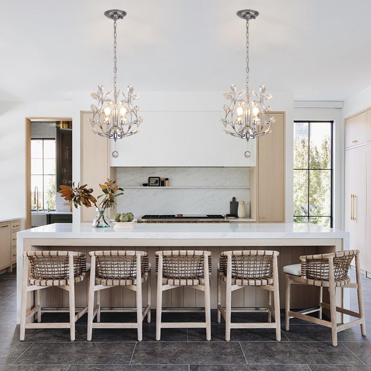 Ganeed 3-Light Branch Crystal Chandelier  Small Flush Mount Vintage Pendant Hanging Lighting  K9 Crystal Farmhouse Ceiling Light For Dining Room Bedroom Living Room Kitchen Hallway  Chrome Silvery