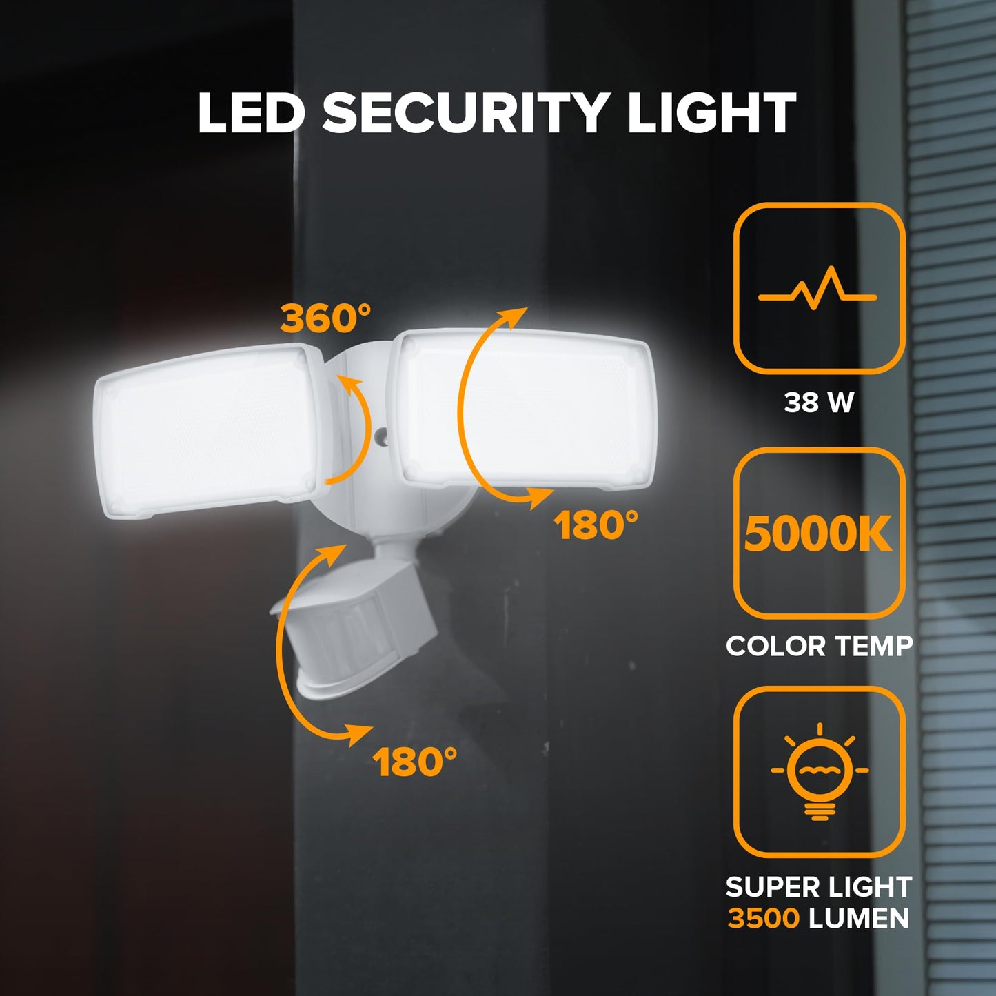 Lutec 38W Dual-Head Led Floodlight, 3500 Lumen, Motion Sensor, 5000K Daylight, White, Model 7635401053-W, Outdoor Security
