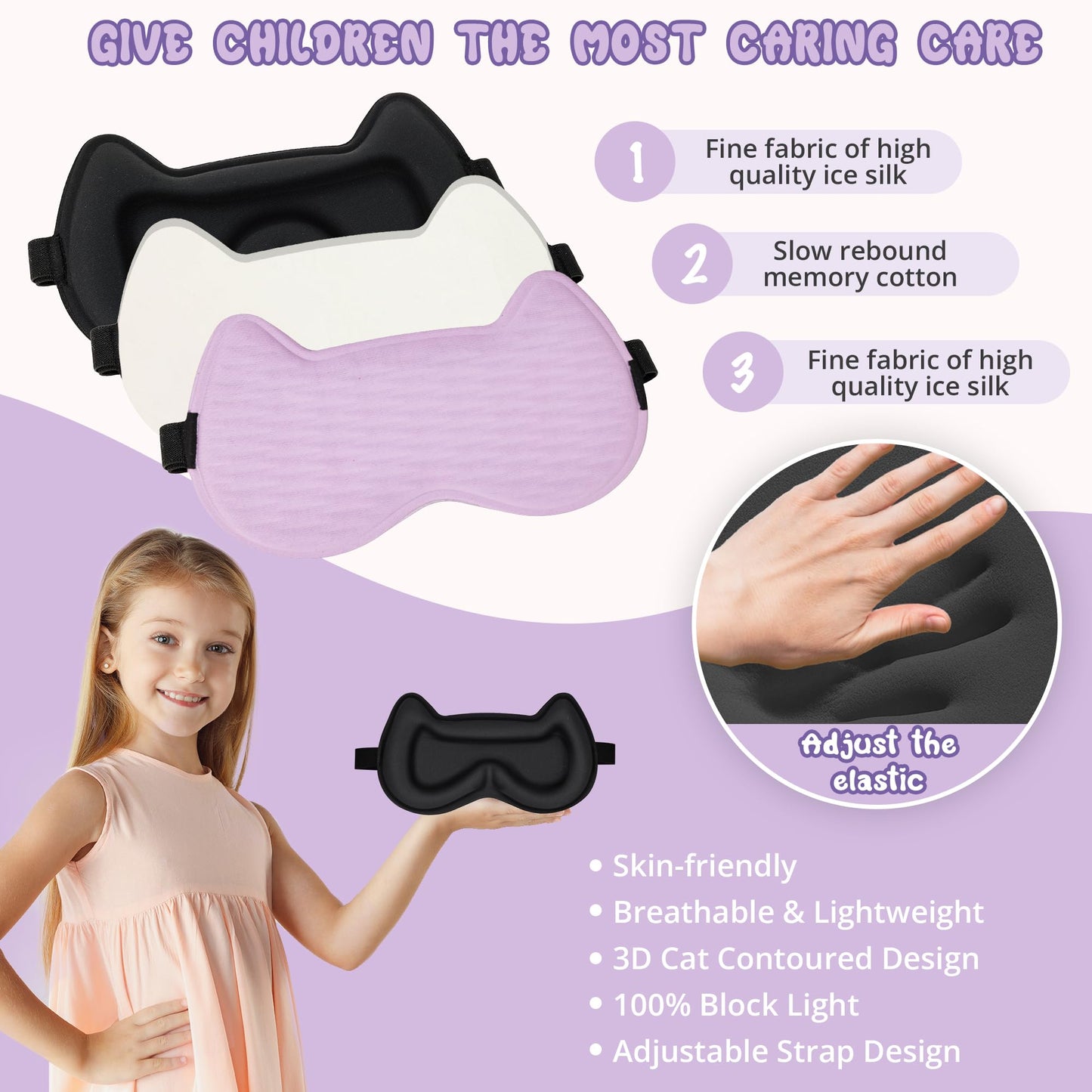Kids Sleep Mask Eye Mask: 3D Contoured Cup Sleeping Masks, Blindfold with Adjustable Strap, Kids Eye Cover for Boys, Girls, Teens, Pressure-Free with Memory Foam Face Mask for Sleeping (Purple)