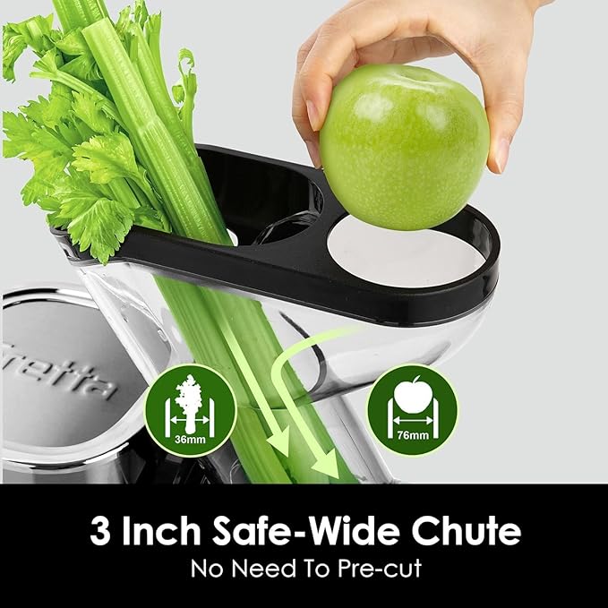 Fretta Masticating Slow Juicers,3-inch Wide Feeding Chute Cold Press Juicer,Celery Juicer, Juicer Machines Vegetable and Fruit,Juice Recipes Included,2 Speed,BPA-Free,Easy Clean,200W (Stainless Steel)