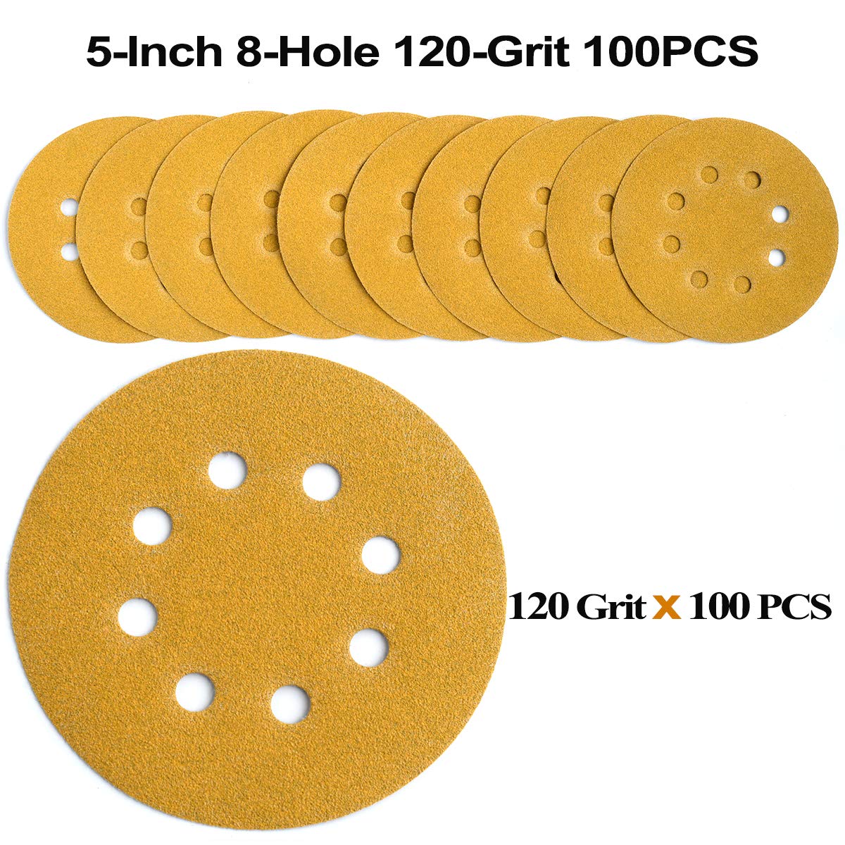 5-Inch 8-Hole Hook and Loop Sanding Discs 120-Grit Random Orbit Sandpaper, 100-Pack