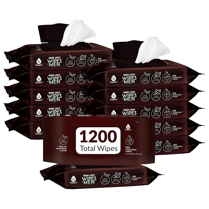 Pursonic Mario Lopez Mint Flushable Wipes for Men - 12 Packs 100Ct(1200 Total) - Plant-Based Face & Body Wipes for Gentle, Refreshing Daily Hygiene