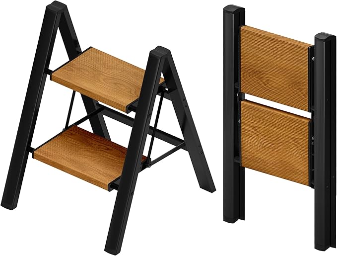 Taranta 2 Step Ladder,Aluminum Lightweight Folding 2 Step Stool with Anti-Slip Wide Pedal, 330lbs Capacity Step Ladder for Household,Kitchen,Office - BlackWoodgrain