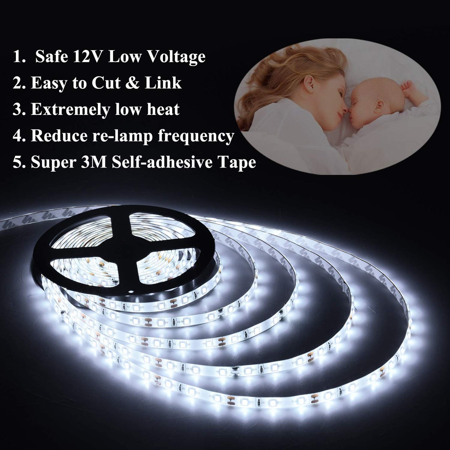 Junwen 16.4Ft White Led Strip Lights  12V Waterproof Led Strip Lights Flexible Light Strip Indoor For Bedroom  Kitchen  Bathroom(Not Included Power)