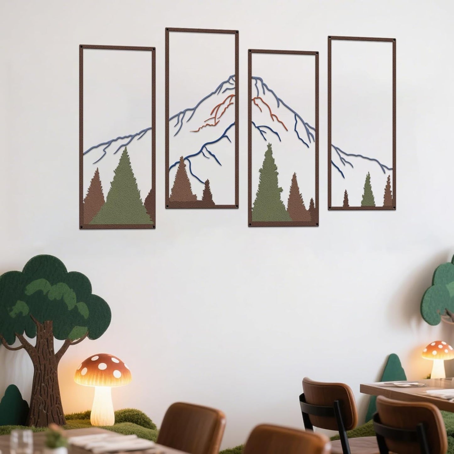 4 Pcs Metal Mountain and Forest Wall Decor Colorful Landscape Mountain Wall Art Pine Tree Forest Wall Decoration Rustic Nature Wall Decor for Living Room Home Office Bathroom Indoor (Middle)