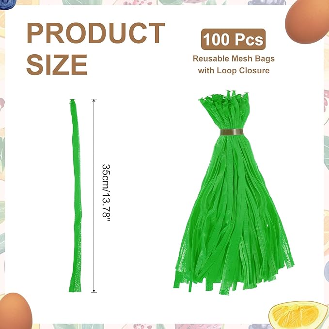 uxcell 100Pcs Reusable Produce Mesh Bags, 35cm Mesh Nylon Netting with Loop-Style Closures, Stretchable Egg Hatching Bags for Fruit Vegetable Storage, Green