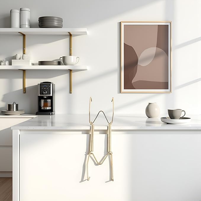 Gold Plate Dish Hanger Dismountable Wall Display Securing Clip W Type Dish Spring Holder Invisible Hook Home Decor Vertical Plate Holders (7 Inch)