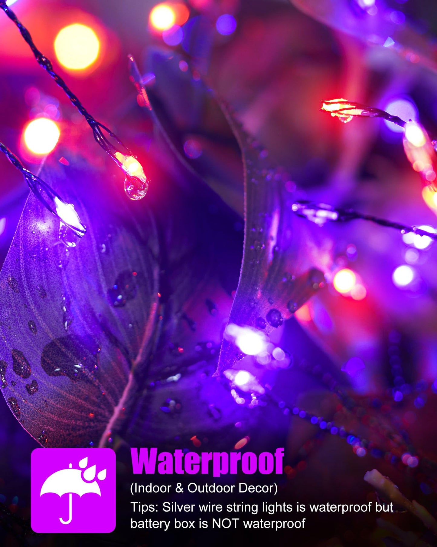 Fairy Lights Battery Operated  Twinkle String Lights Waterproof Silver Wire 5 Feet 60 Led Fire er Starry Lights For Diy Wreath Party Bedroom Mason Jar Indoor Halloween Decoration  Orange & Purple