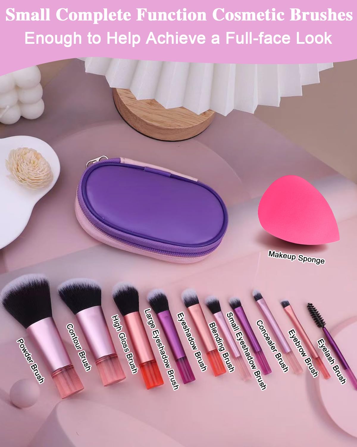 PGRODE Mini Travel Makeup Brushes Set, 14 Pieces, Portable Full Complete Function Cosmetic Kit with Brush Pouch, On the Go Short