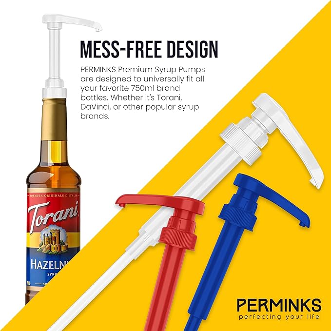 Premium Syrup Pump Compatible with Torani 750 ml Bottle, Davinci Syrups - No Spill, No Clog Syrup Pump Dispenser for Vanilla, Snow Cone, Coffee Flavoring & More (Pack of 6, Red, White & Blue)