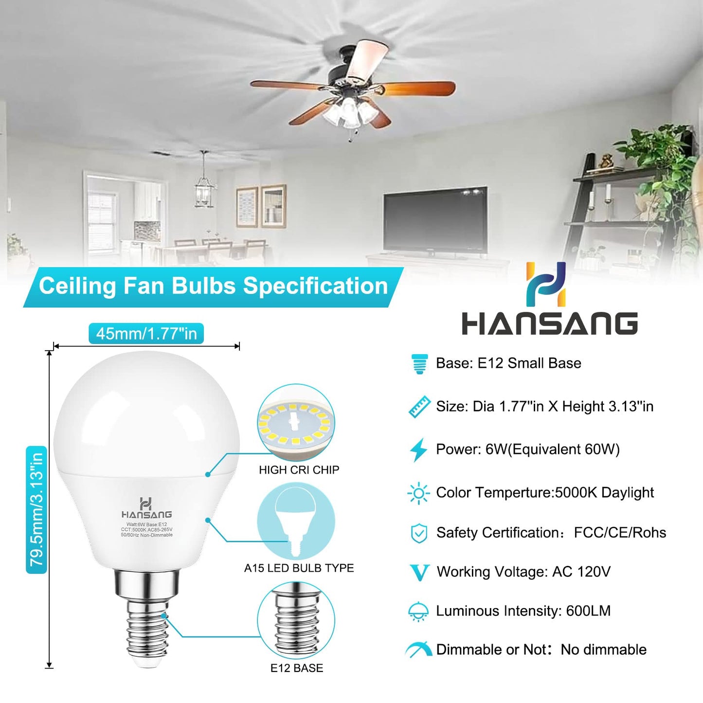 hansang E12 LED Bulb, 60W Equivalent, Daylight 5000K, 600 Lumen, 6 Pack, Eye Protection, Non-dimmable, Candelabra
