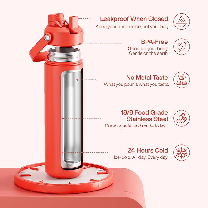 ENCOOL Insulated Water Bottle with Straw Stainless Steel Water Bottle, Leak-Proof, BPA-Free, Double Wall Vacuum Keeps Cold for 24 Hours for Sports, Travel, School (26 oz, Tawny Orange)